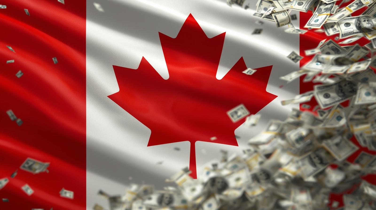 Canadian flag with dollar bills symbolizing funding opportunities.